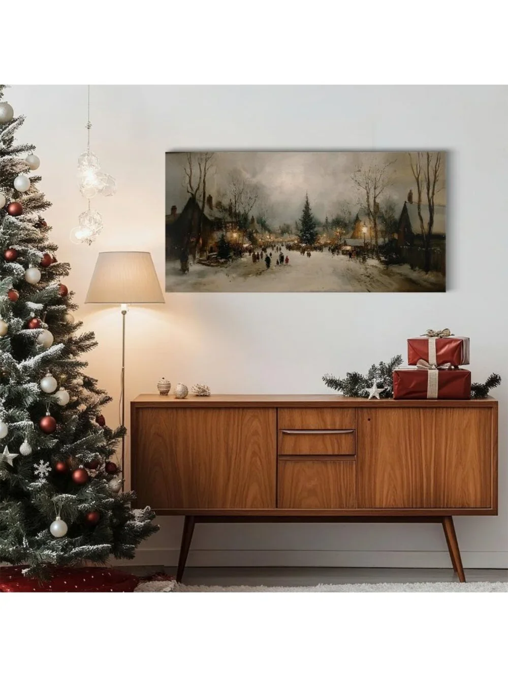 Rustic Farmhouse Vintage Winter Wall Art - Large Framed Canvas Decor, 40x20